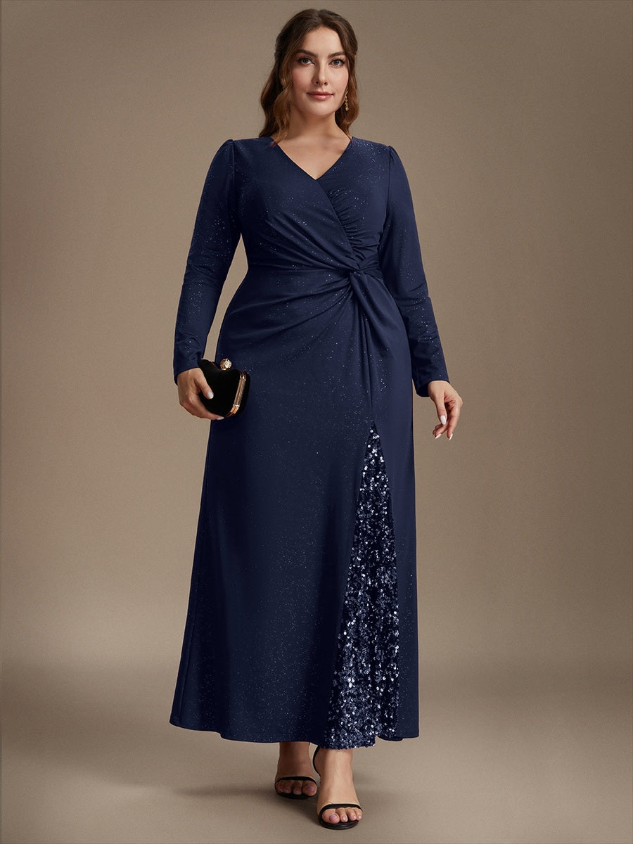 Maxilänge V-Ausschnitt Figurbetontes Kleid Aus Mesh Pailletten Zum Binden #Farbe_Marineblau