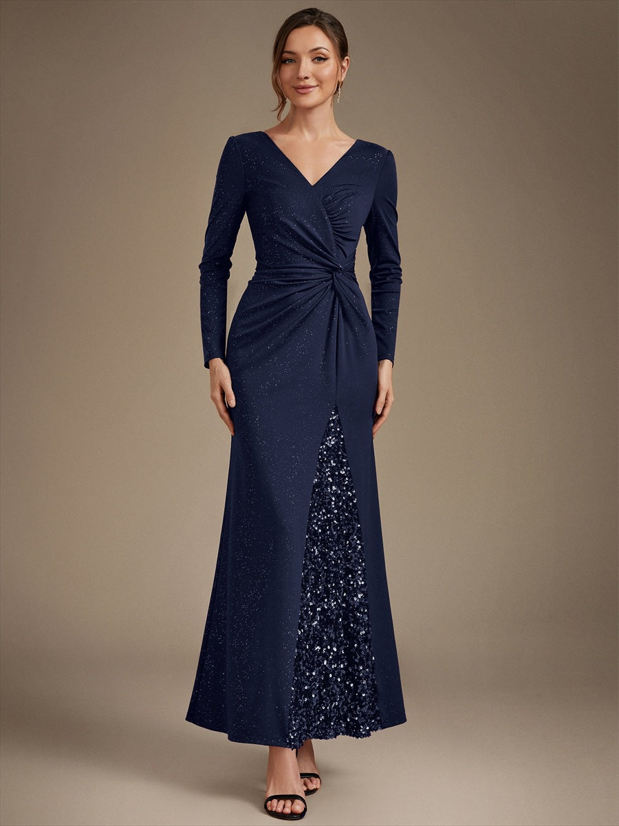 Maxilänge V-Ausschnitt Figurbetontes Kleid Aus Mesh Pailletten Zum Binden #Farbe_Marineblau
