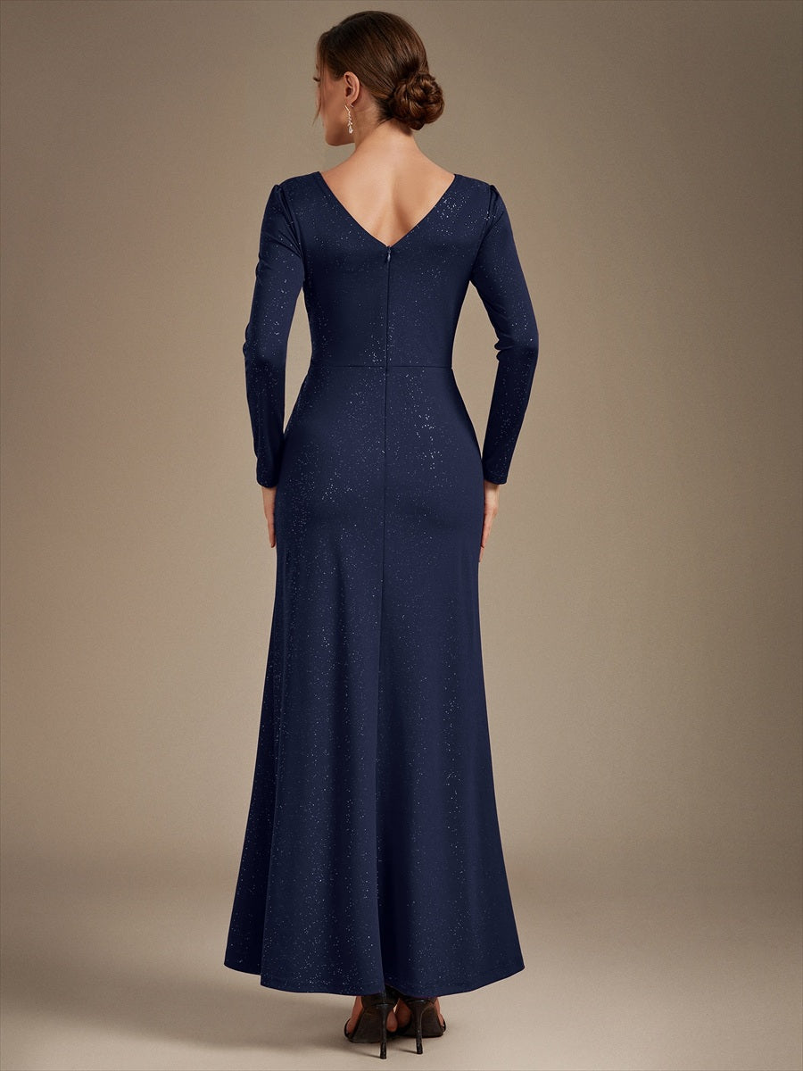 Maxilänge V-Ausschnitt Figurbetontes Kleid Aus Mesh Pailletten Zum Binden #Farbe_Marineblau