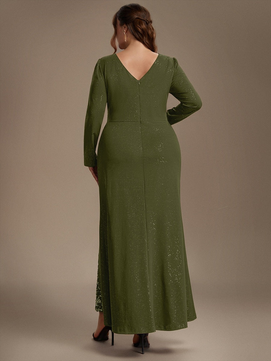 Maxilänge V-Ausschnitt Figurbetontes Kleid Aus Mesh Pailletten Zum Binden #Farbe_Olivgrün