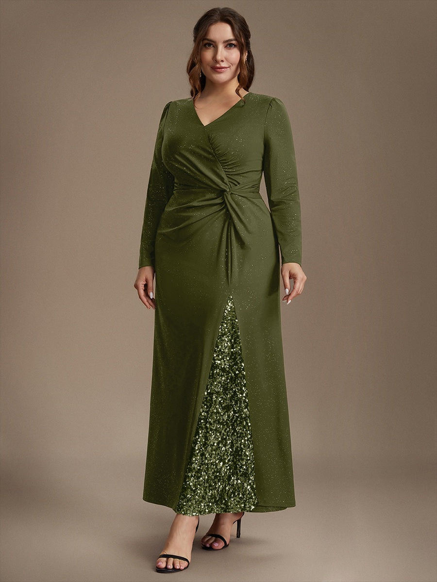 Maxilänge V-Ausschnitt Figurbetontes Kleid Aus Mesh Pailletten Zum Binden #Farbe_Olivgrün