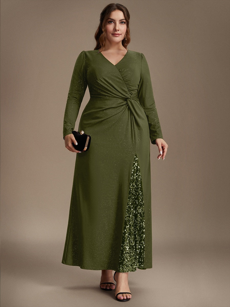 Maxilänge V-Ausschnitt Figurbetontes Kleid Aus Mesh Pailletten Zum Binden #Farbe_Olivgrün