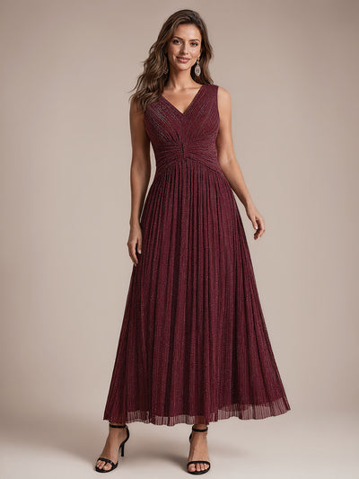 Bodenlanges A-Linien Kleid V-Ausschnitt Tüll Elegantes Design Besondere Anlässe #Farbe_Burgunderrot