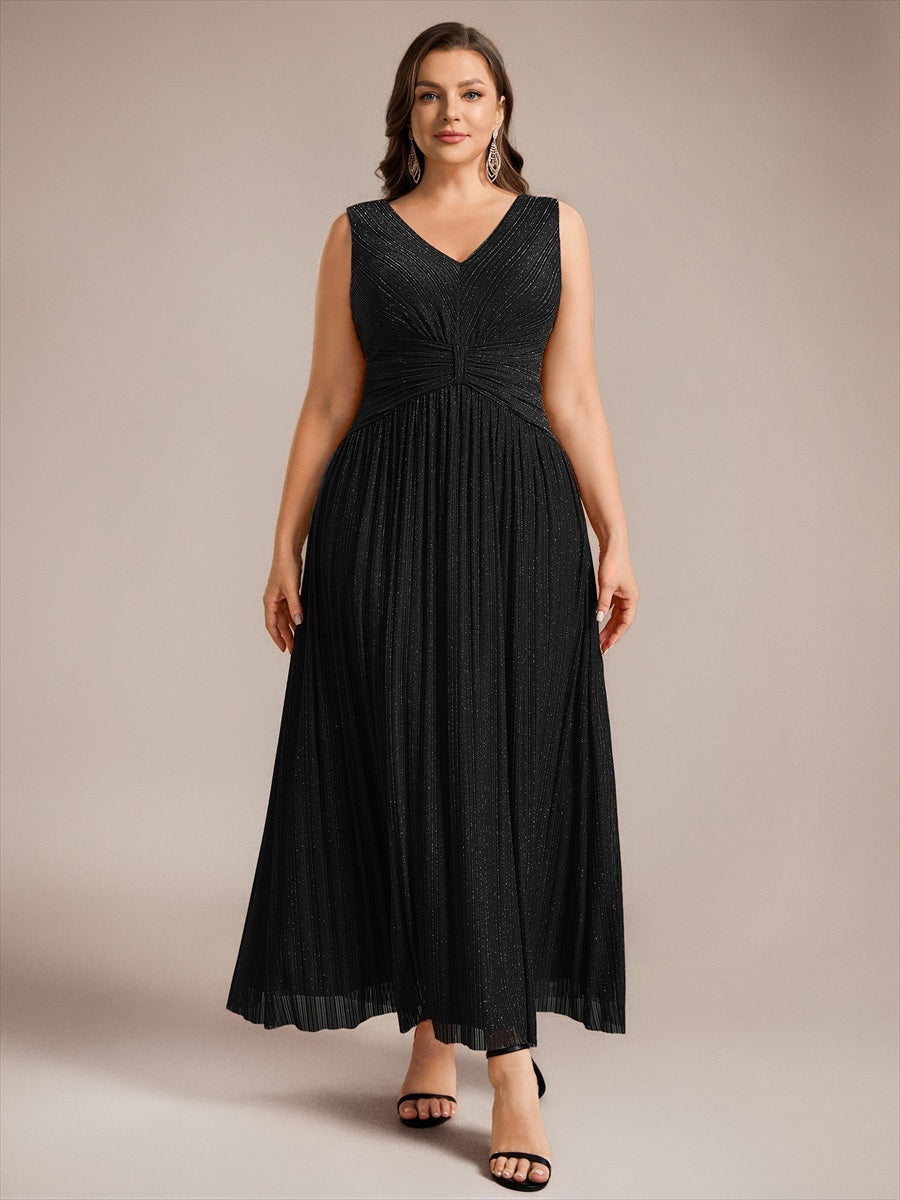Bodenlanges A-Linien Kleid V-Ausschnitt Tüll Elegantes Design Besondere Anlässe #Farbe_Schwarz