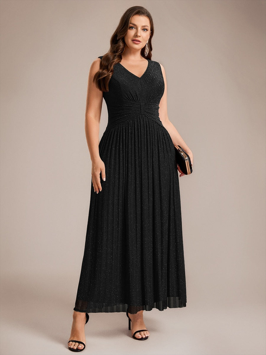 Bodenlanges A-Linien Kleid V-Ausschnitt Tüll Elegantes Design Besondere Anlässe #Farbe_Schwarz