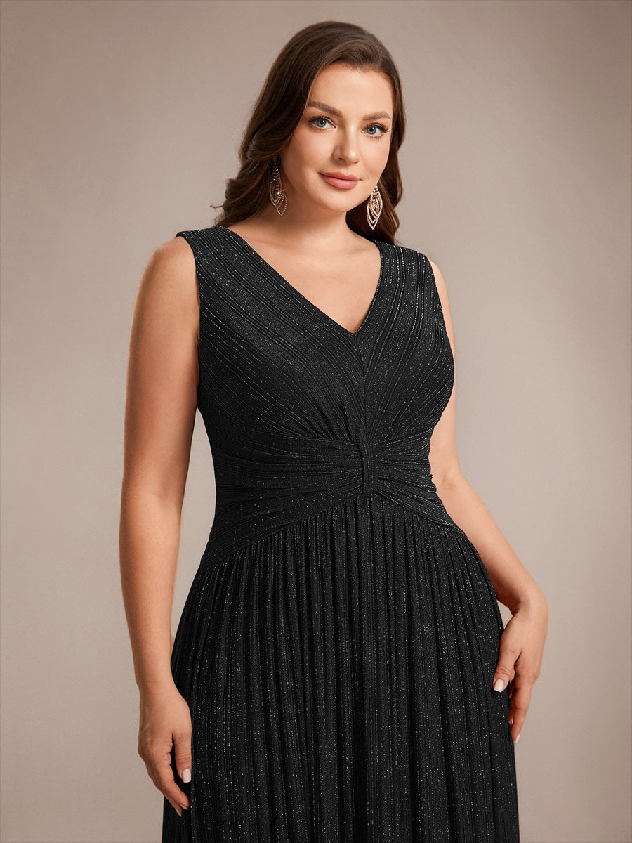Bodenlanges A-Linien Kleid V-Ausschnitt Tüll Elegantes Design Besondere Anlässe #Farbe_Schwarz