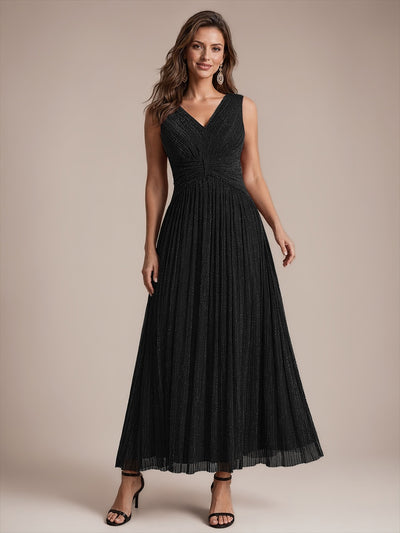 Bodenlanges A-Linien Kleid V-Ausschnitt Tüll Elegantes Design Besondere Anlässe #Farbe_Schwarz
