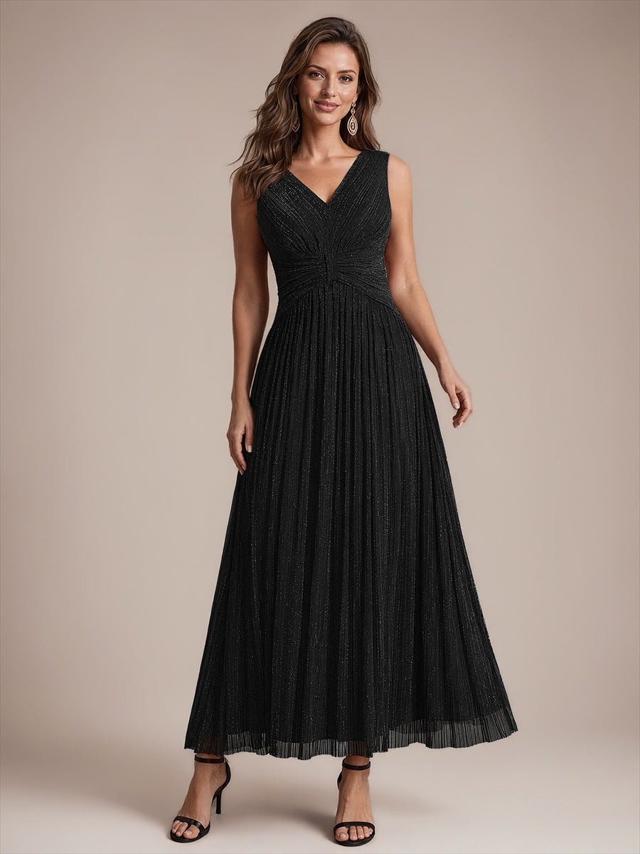 Bodenlanges A-Linien Kleid V-Ausschnitt Tüll Elegantes Design Besondere Anlässe #Farbe_Schwarz