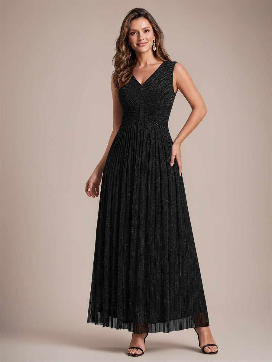 Bodenlanges A-Linien Kleid V-Ausschnitt Tüll Elegantes Design Besondere Anlässe #Farbe_Schwarz