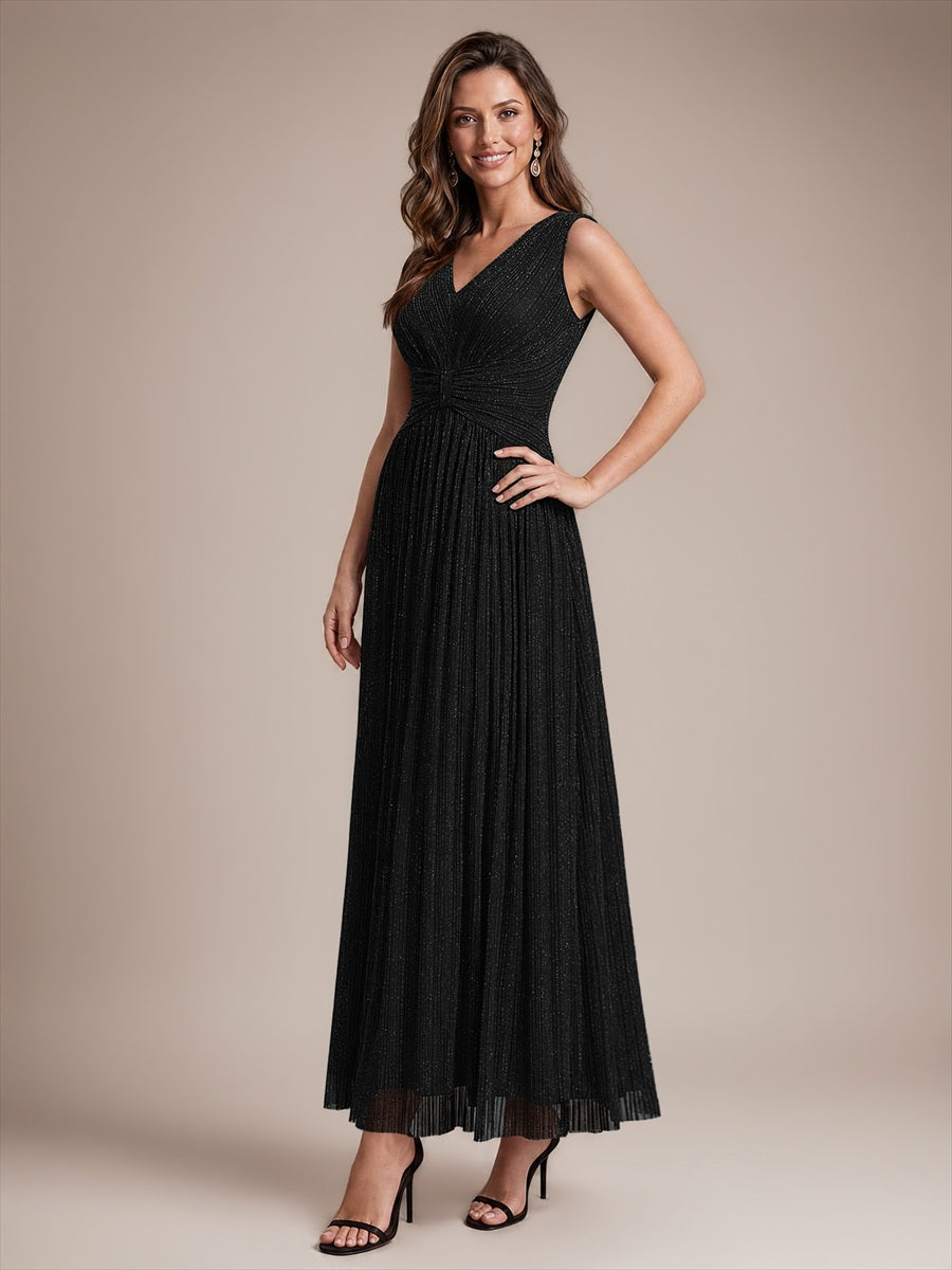 Bodenlanges A-Linien Kleid V-Ausschnitt Tüll Elegantes Design Besondere Anlässe #Farbe_Schwarz