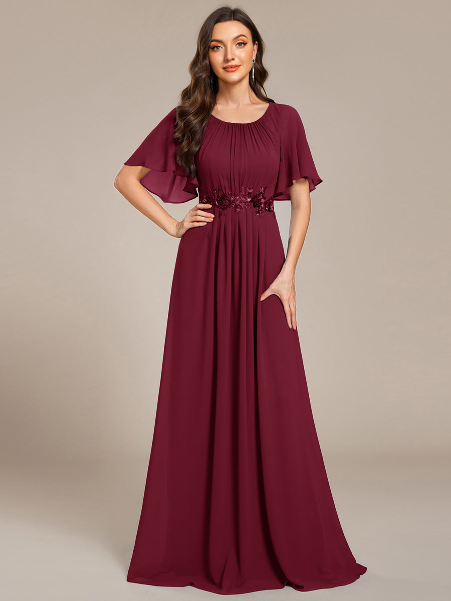 Bodenlanger A-Linien Chiffonkleid Mit Raffung Blumenmuster Und Applikationen #Farbe_Burgunderrot
