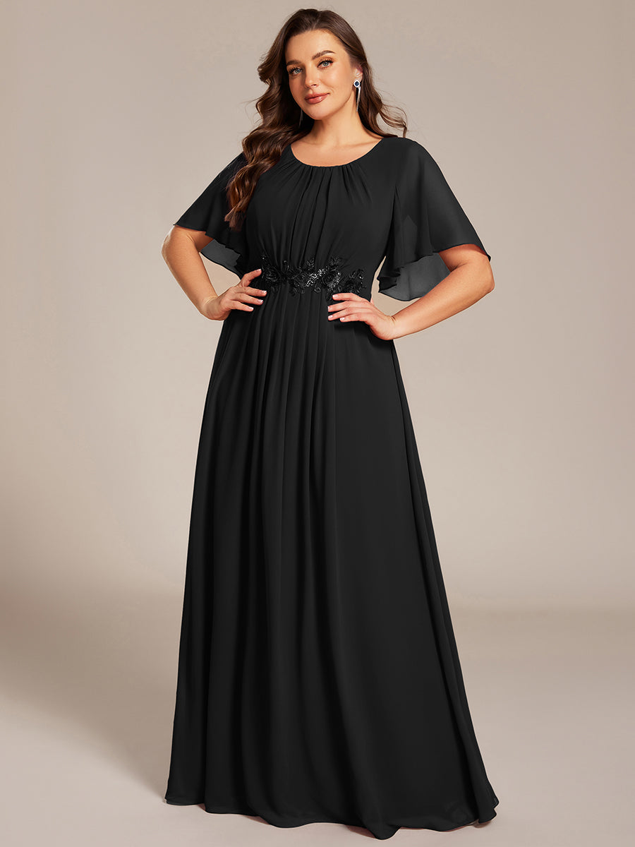 Bodenlanger A-Linien Chiffonkleid Mit Raffung Blumenmuster Und Applikationen #Farbe_Schwarz