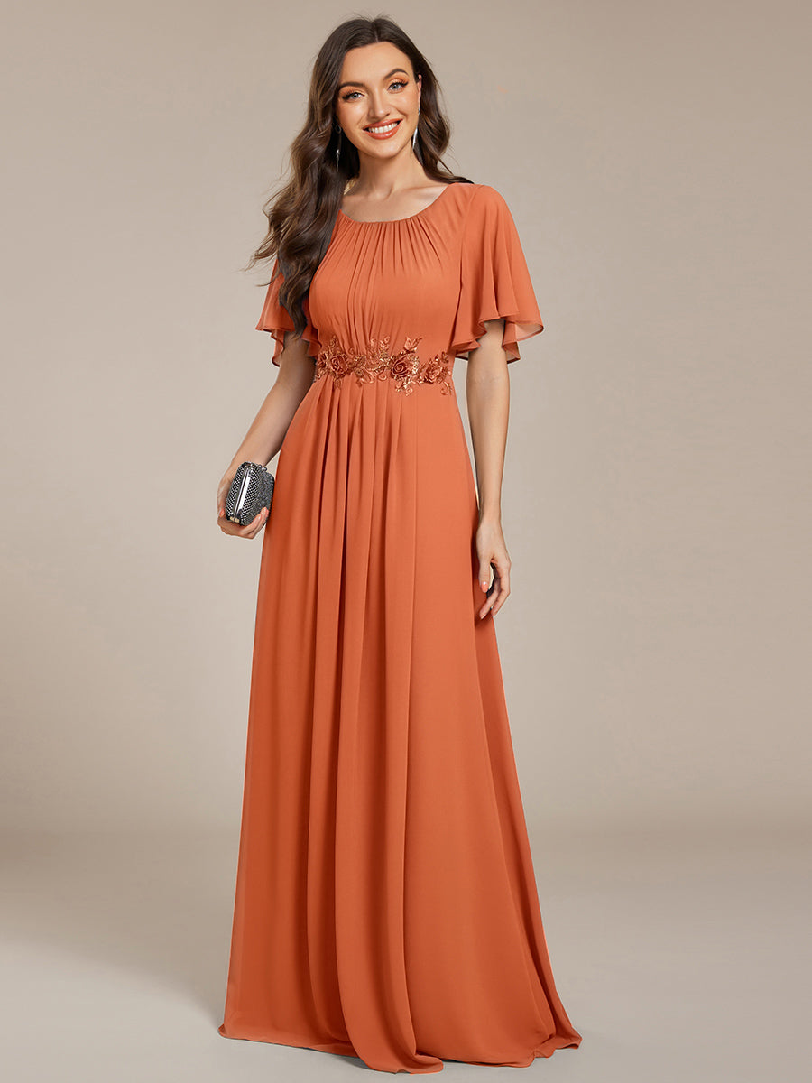 Bodenlanger A-Linien Chiffonkleid Mit Raffung Blumenmuster Und Applikationen #Farbe_Gebrannte Melone