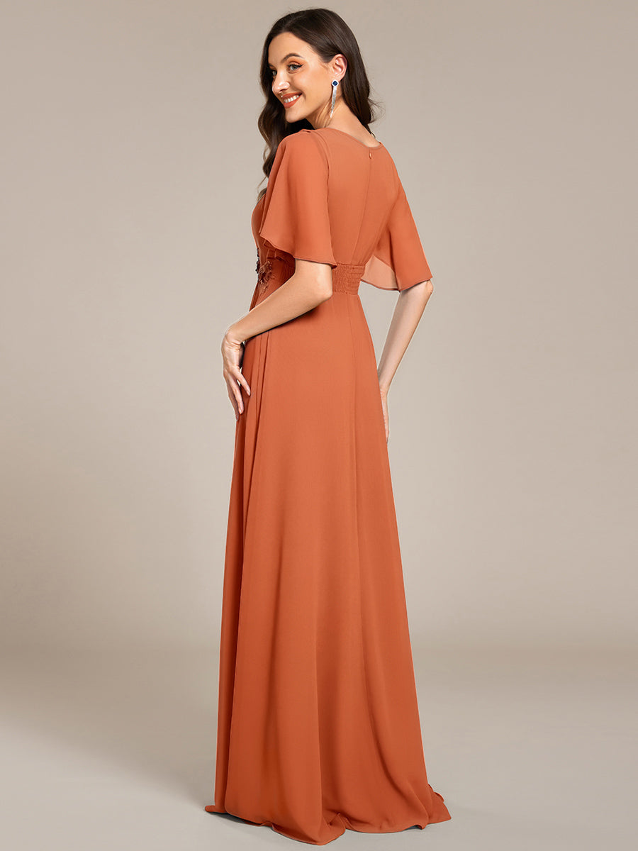 Bodenlanger A-Linien Chiffonkleid Mit Raffung Blumenmuster Und Applikationen #Farbe_Gebrannte Melone