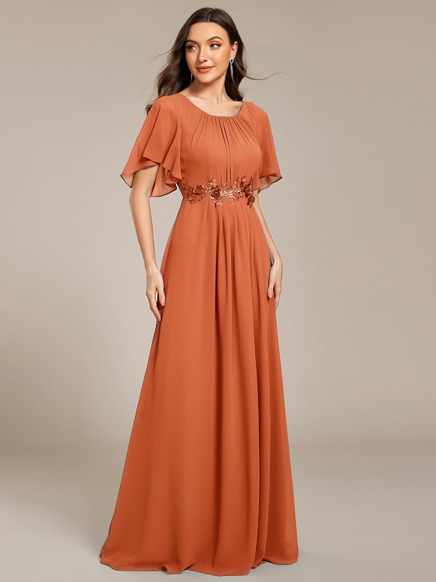 Bodenlanger A-Linien Chiffonkleid Mit Raffung Blumenmuster Und Applikationen #Farbe_Gebrannte Melone