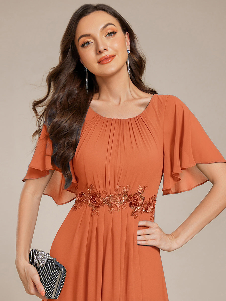 Bodenlanger A-Linien Chiffonkleid Mit Raffung Blumenmuster Und Applikationen #Farbe_Gebrannte Melone