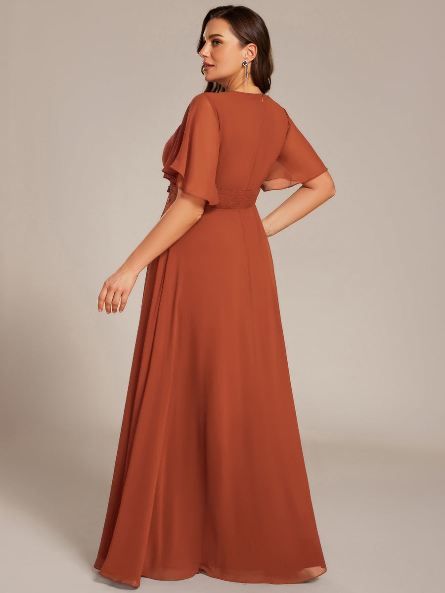 Bodenlanger A-Linien Chiffonkleid Mit Raffung Blumenmuster Und Applikationen #Farbe_Gebranntes Orange