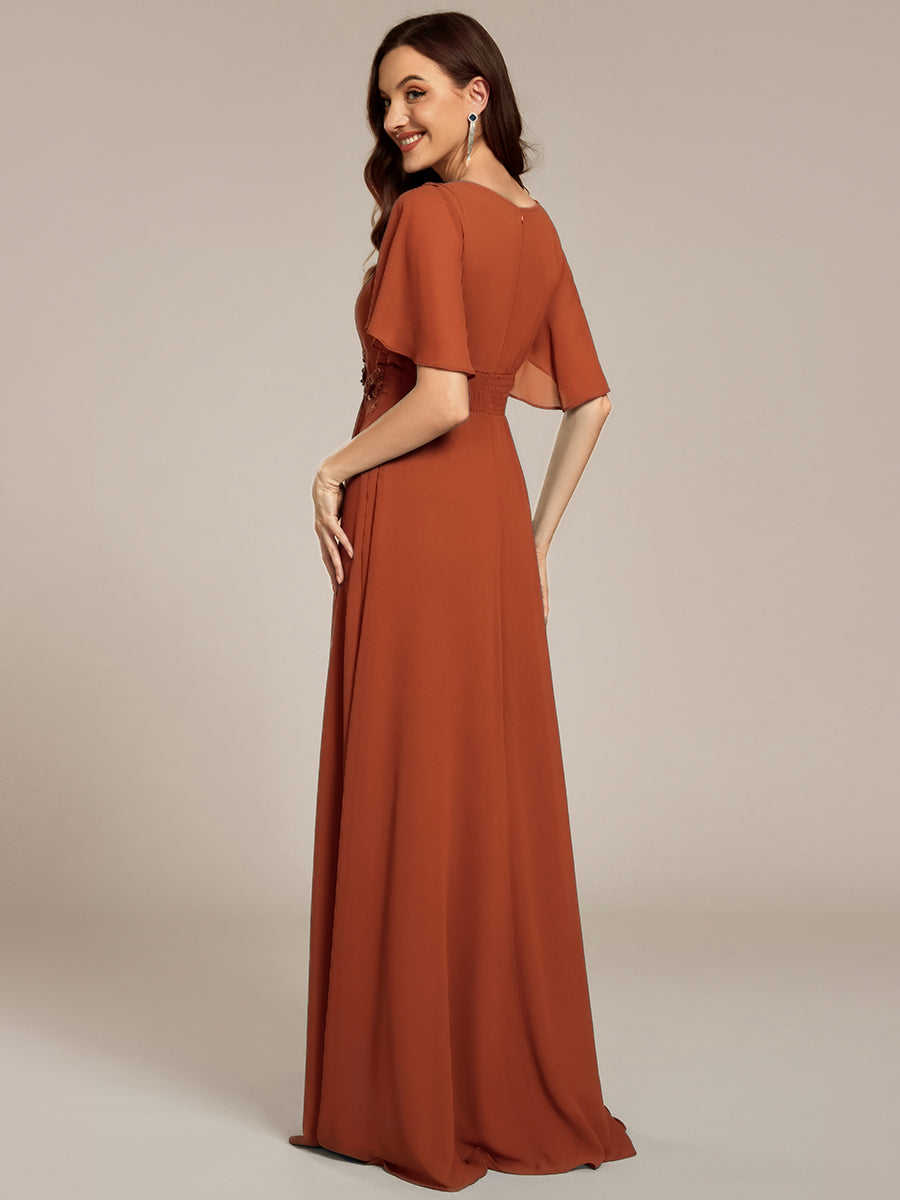 Bodenlanger A-Linien Chiffonkleid Mit Raffung Blumenmuster Und Applikationen #Farbe_Gebranntes Orange