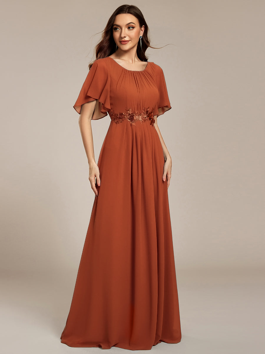 Bodenlanger A-Linien Chiffonkleid Mit Raffung Blumenmuster Und Applikationen #Farbe_Gebranntes Orange