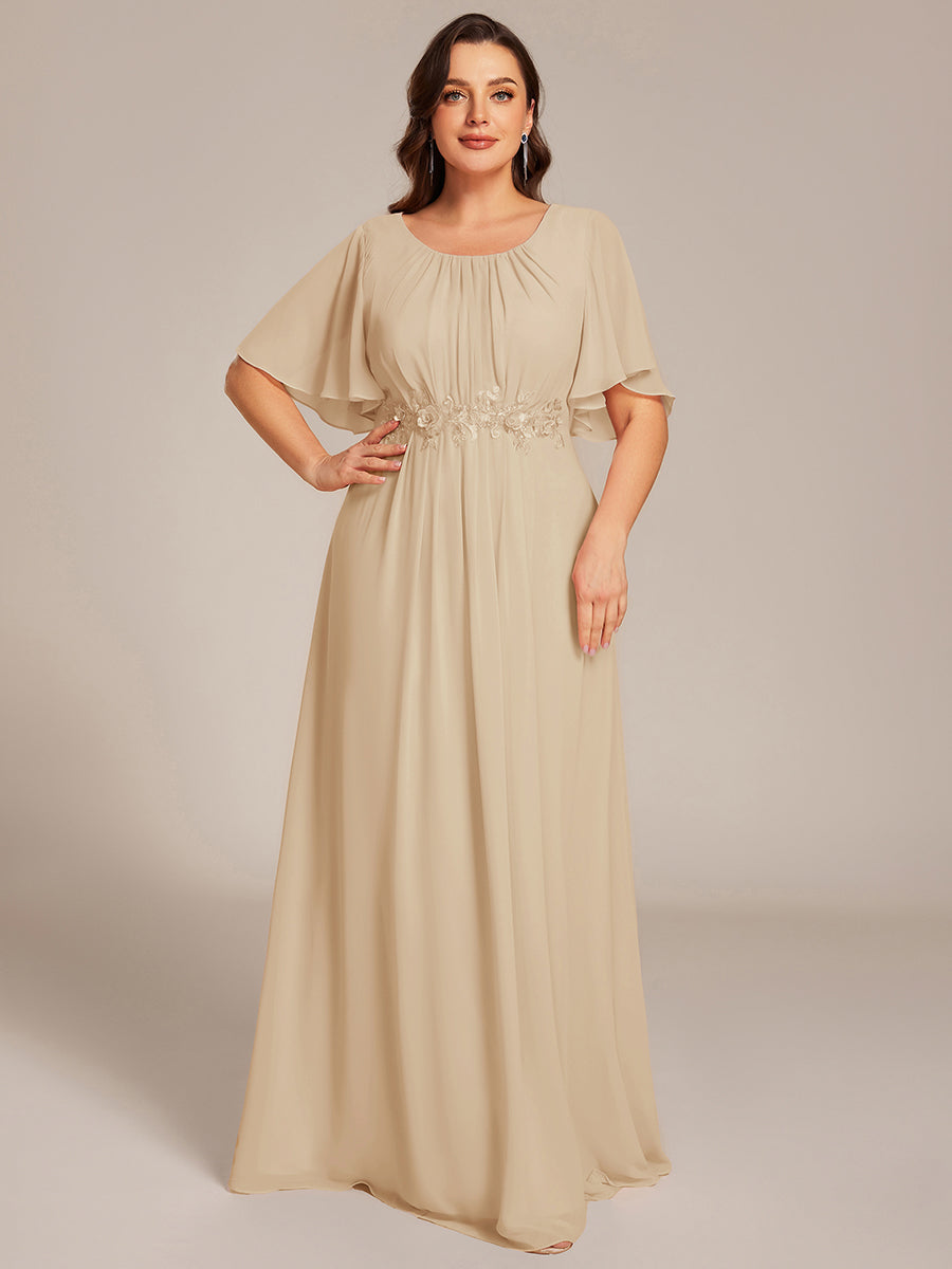 Bodenlanger A-Linien Chiffonkleid Mit Raffung Blumenmuster Und Applikationen #Farbe_Champagner