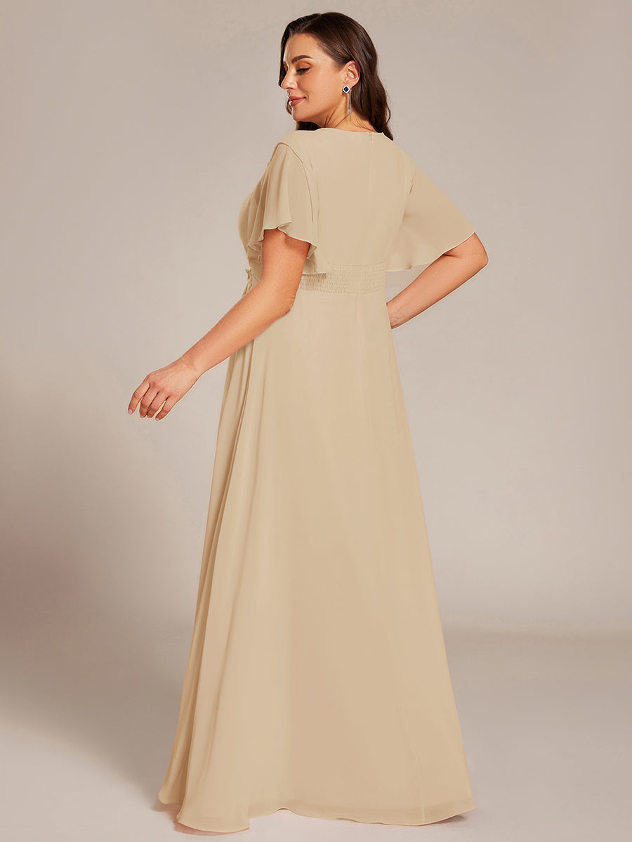 Bodenlanger A-Linien Chiffonkleid Mit Raffung Blumenmuster Und Applikationen #Farbe_Champagner