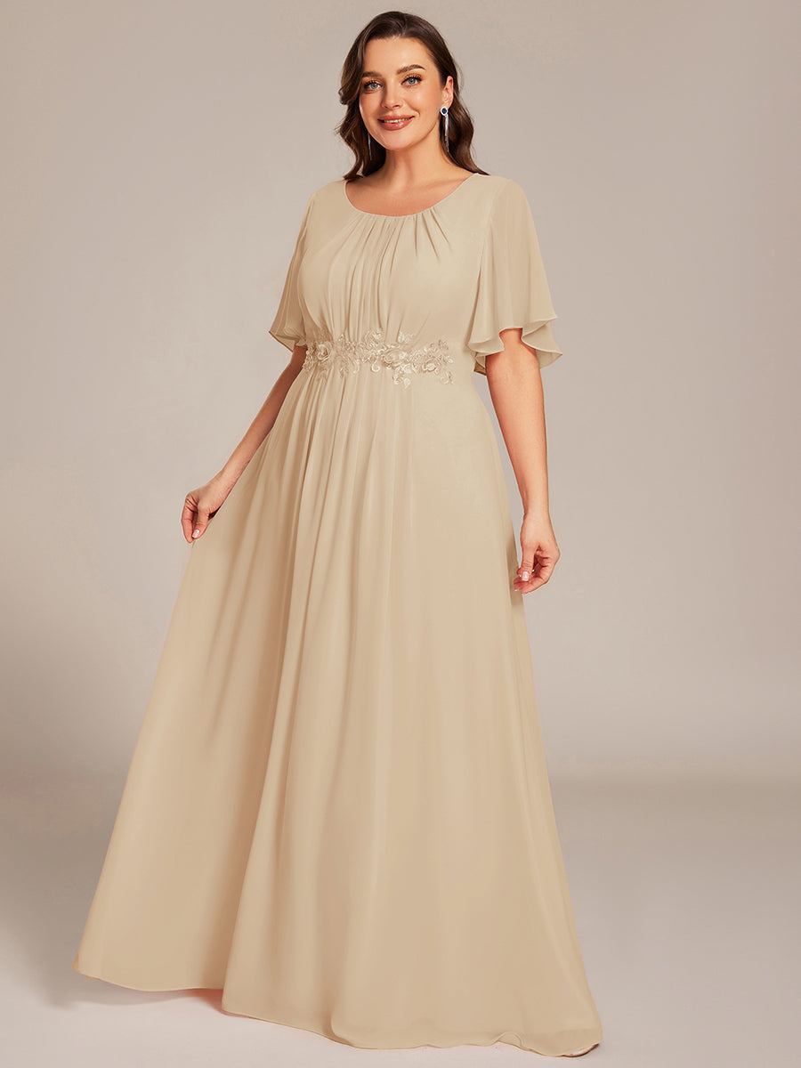 Bodenlanger A-Linien Chiffonkleid Mit Raffung Blumenmuster Und Applikationen #Farbe_Champagner
