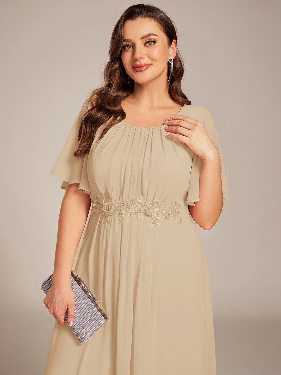 Bodenlanger A-Linien Chiffonkleid Mit Raffung Blumenmuster Und Applikationen #Farbe_Champagner