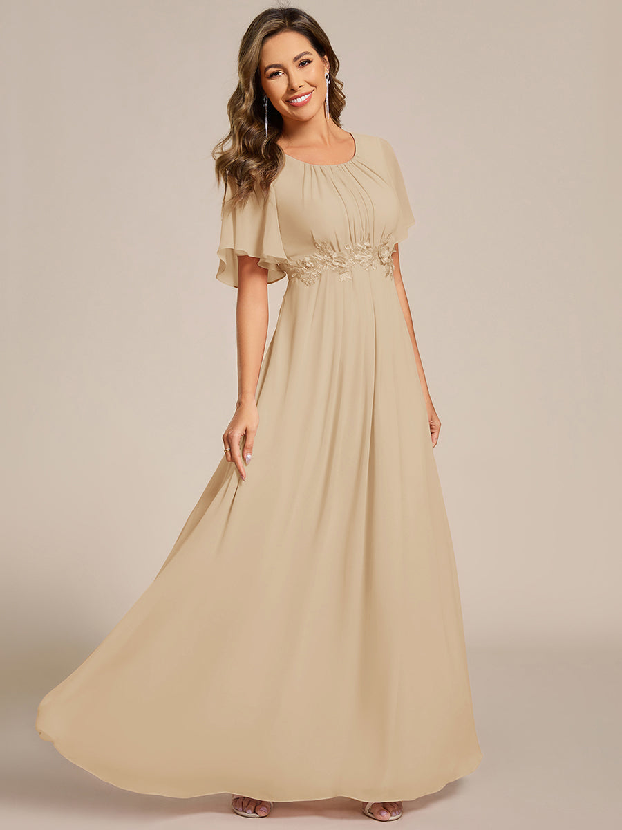 Bodenlanger A-Linien Chiffonkleid Mit Raffung Blumenmuster Und Applikationen #Farbe_Champagner