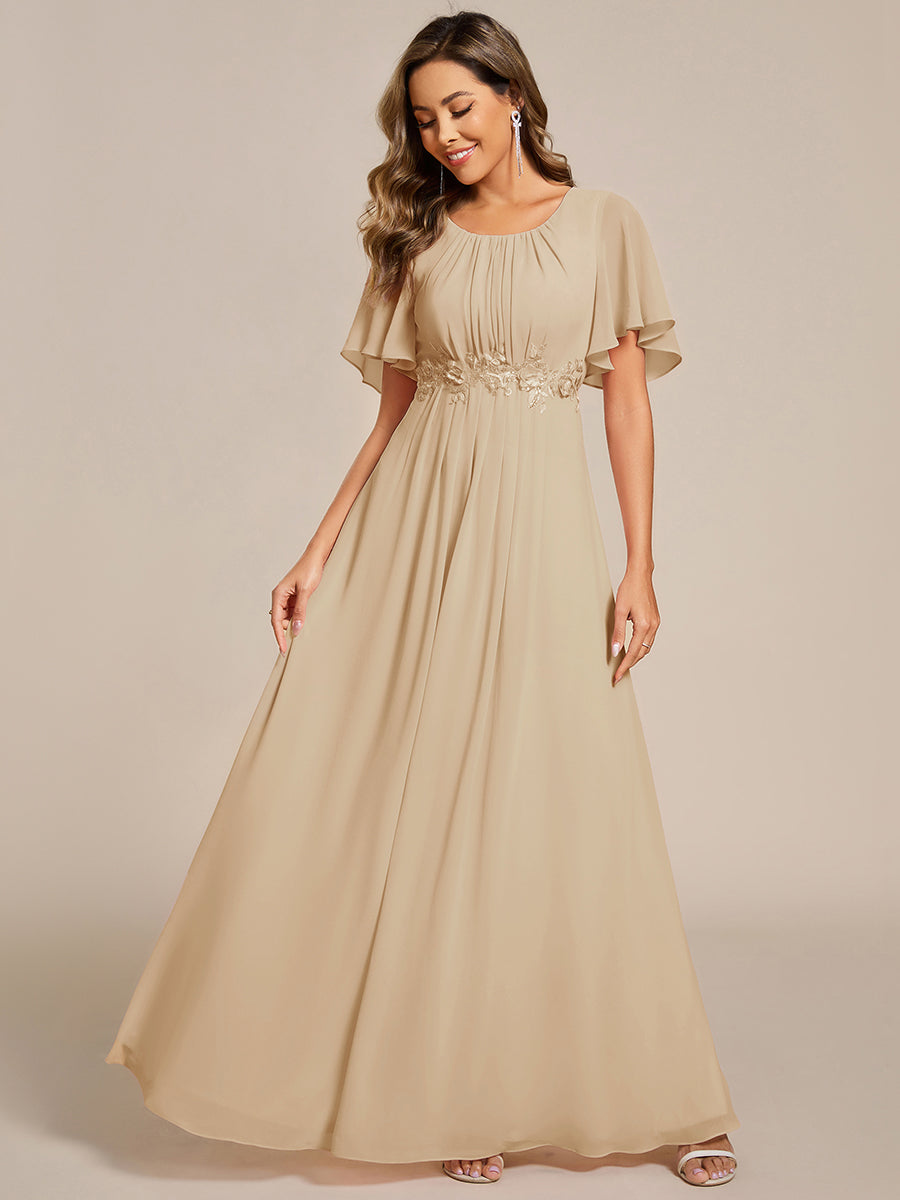 Bodenlanger A-Linien Chiffonkleid Mit Raffung Blumenmuster Und Applikationen #Farbe_Champagner