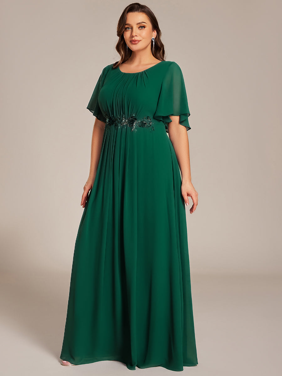 Bodenlanger A-Linien Chiffonkleid Mit Raffung Blumenmuster Und Applikationen #Farbe_Dunkelgrün