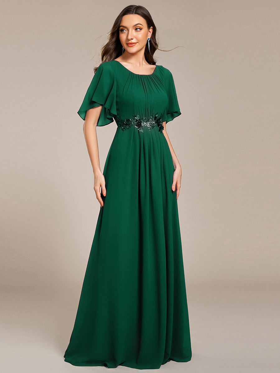 Bodenlanger A-Linien Chiffonkleid Mit Raffung Blumenmuster Und Applikationen #Farbe_Dunkelgrün