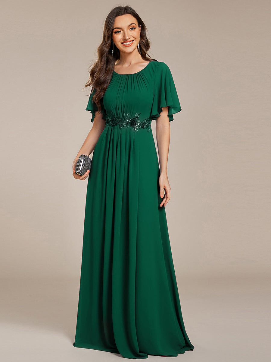 Bodenlanger A-Linien Chiffonkleid Mit Raffung Blumenmuster Und Applikationen #Farbe_Dunkelgrün