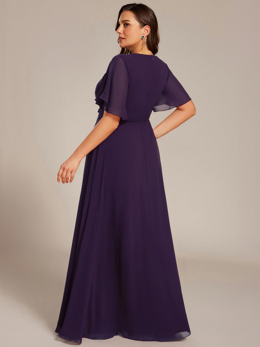 Bodenlanger A-Linien Chiffonkleid Mit Raffung Blumenmuster Und Applikationen #Farbe_Dunkelviolett