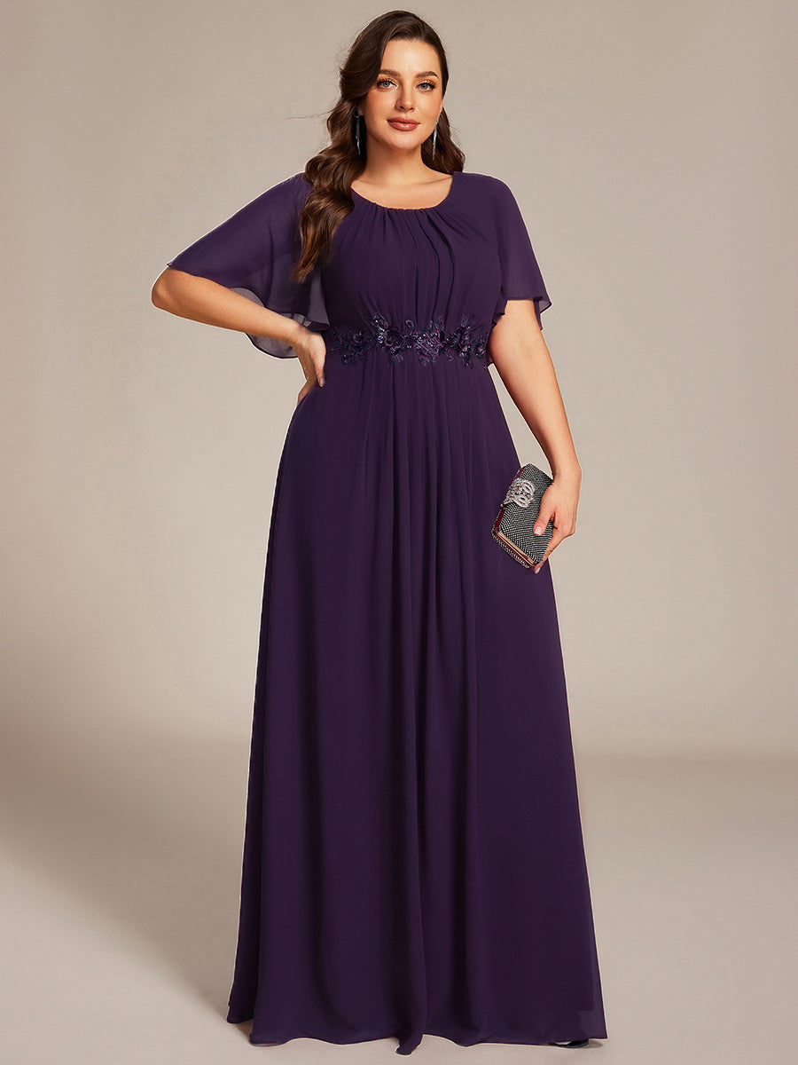 Bodenlanger A-Linien Chiffonkleid Mit Raffung Blumenmuster Und Applikationen #Farbe_Dunkelviolett