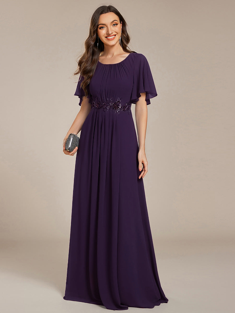 Bodenlanger A-Linien Chiffonkleid Mit Raffung Blumenmuster Und Applikationen #Farbe_Dunkelviolett