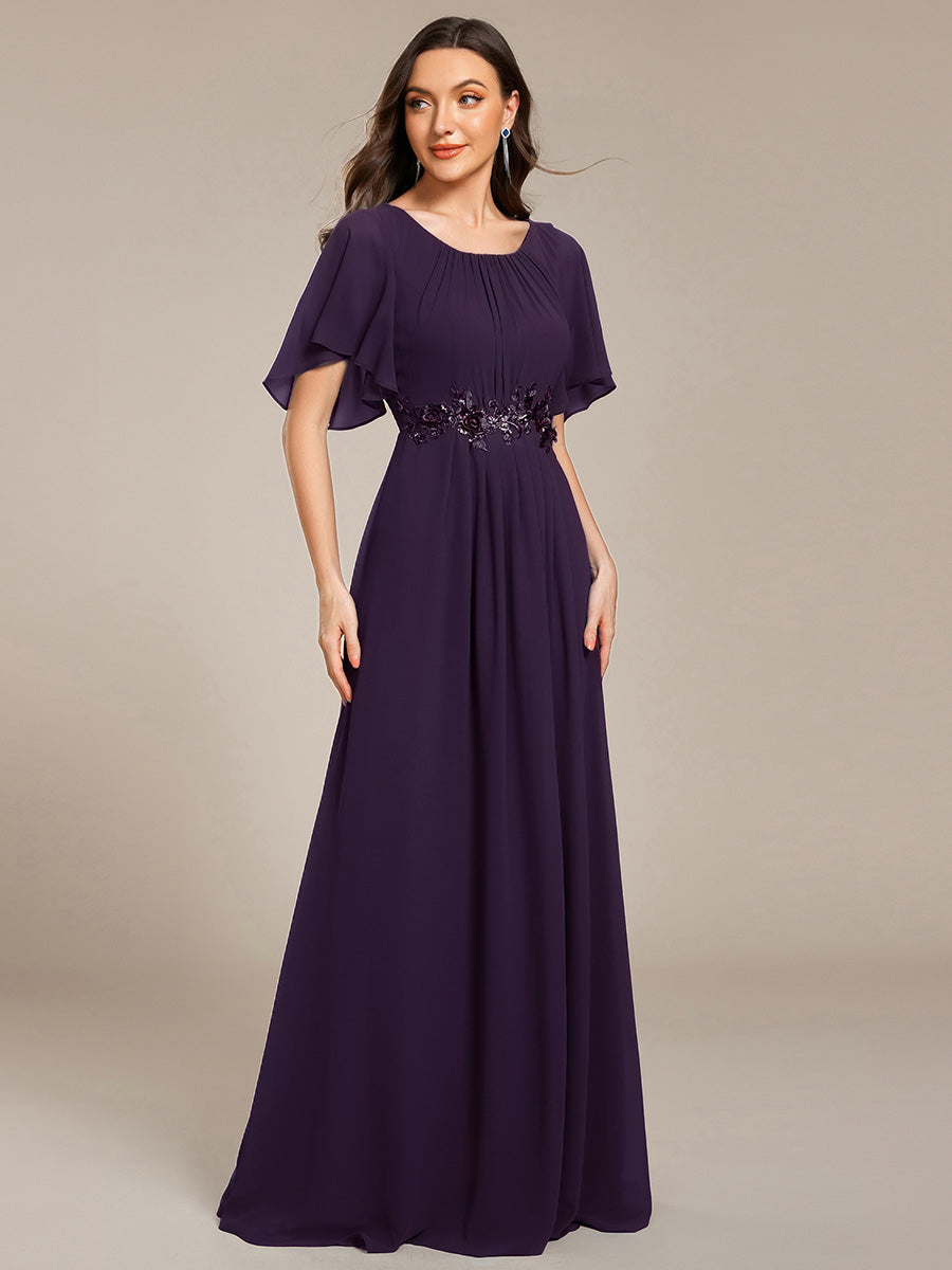 Bodenlanger A-Linien Chiffonkleid Mit Raffung Blumenmuster Und Applikationen #Farbe_Dunkelviolett