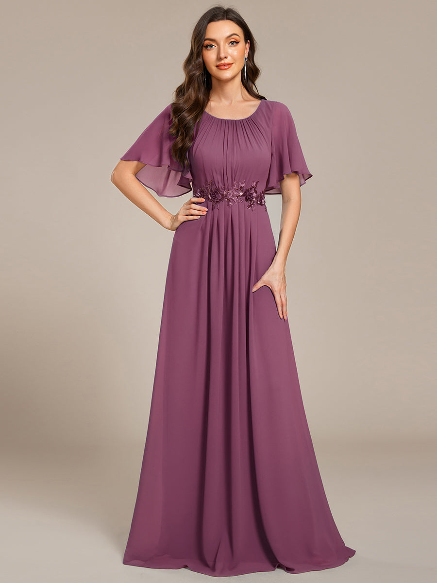 Bodenlanger A-Linien Chiffonkleid Mit Raffung Blumenmuster Und Applikationen #Farbe_Pflaumenviolett