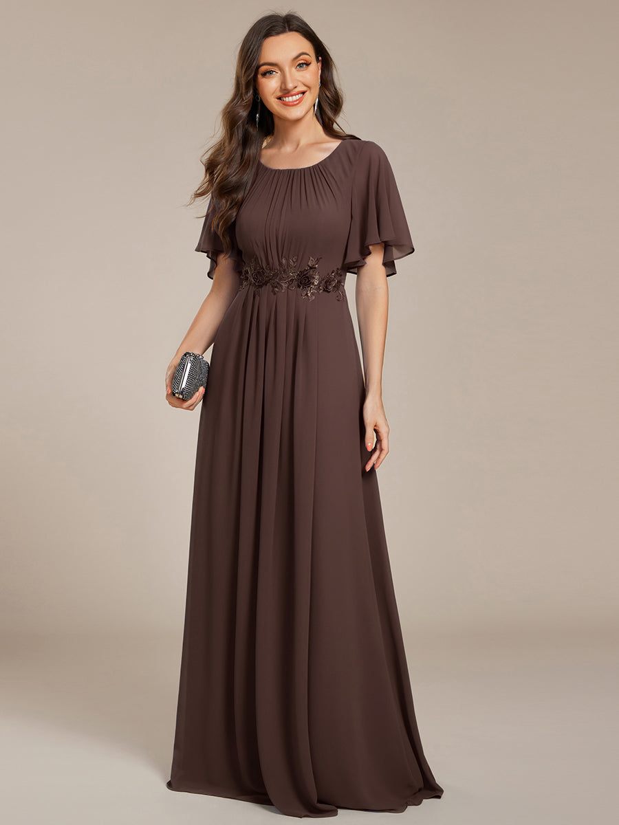 Bodenlanger A-Linien Chiffonkleid Mit Raffung Blumenmuster Und Applikationen #Farbe_Espressobraun