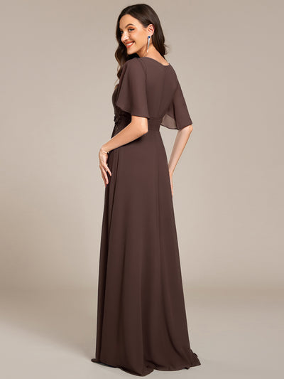 Bodenlanger A-Linien Chiffonkleid Mit Raffung Blumenmuster Und Applikationen #Farbe_Espressobraun