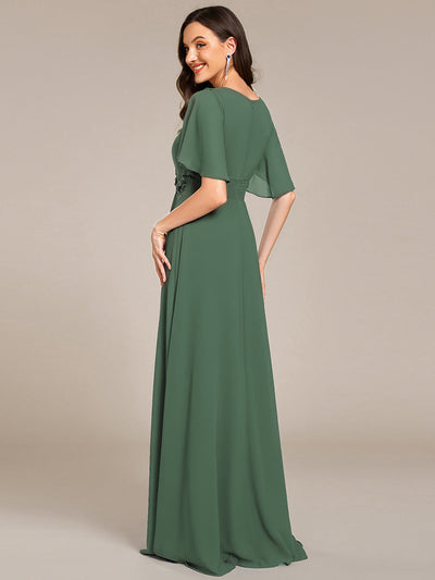 Bodenlanger A-Linien Chiffonkleid Mit Raffung Blumenmuster Und Applikationen #Farbe_Eukalyptus