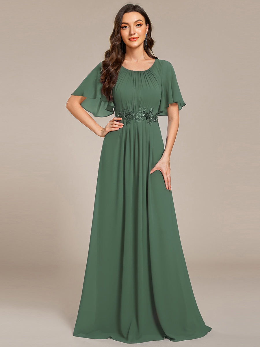 Bodenlanger A-Linien Chiffonkleid Mit Raffung Blumenmuster Und Applikationen #Farbe_Eukalyptus