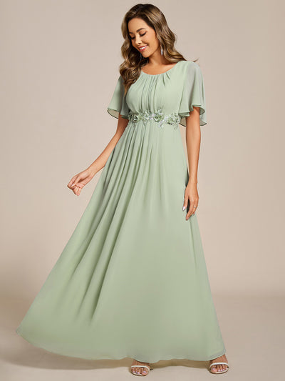 Bodenlanger A-Linien Chiffonkleid Mit Raffung Blumenmuster Und Applikationen #Farbe_Mintgrün