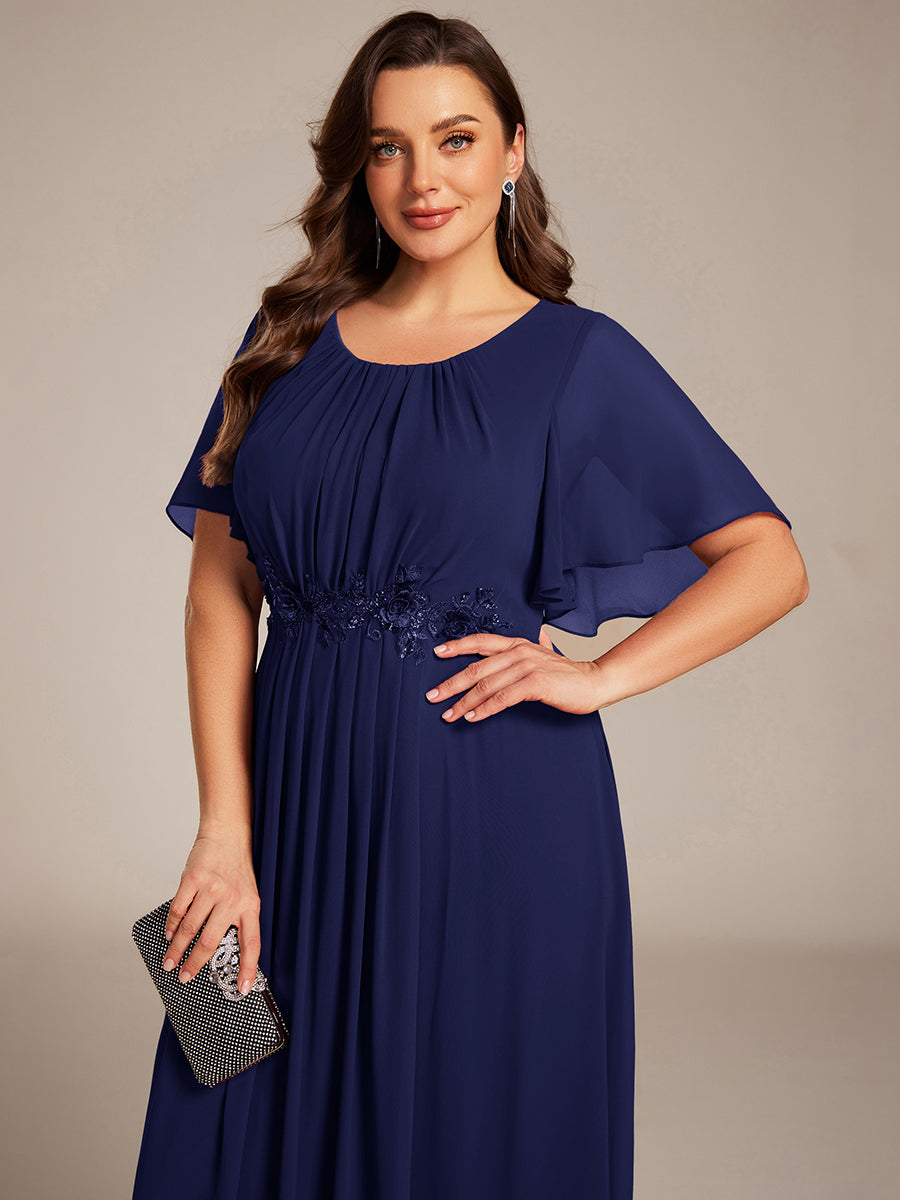Bodenlanger A-Linien Chiffonkleid Mit Raffung Blumenmuster Und Applikationen #Farbe_Marineblau