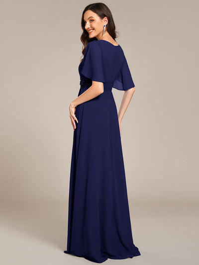Bodenlanger A-Linien Chiffonkleid Mit Raffung Blumenmuster Und Applikationen #Farbe_Marineblau