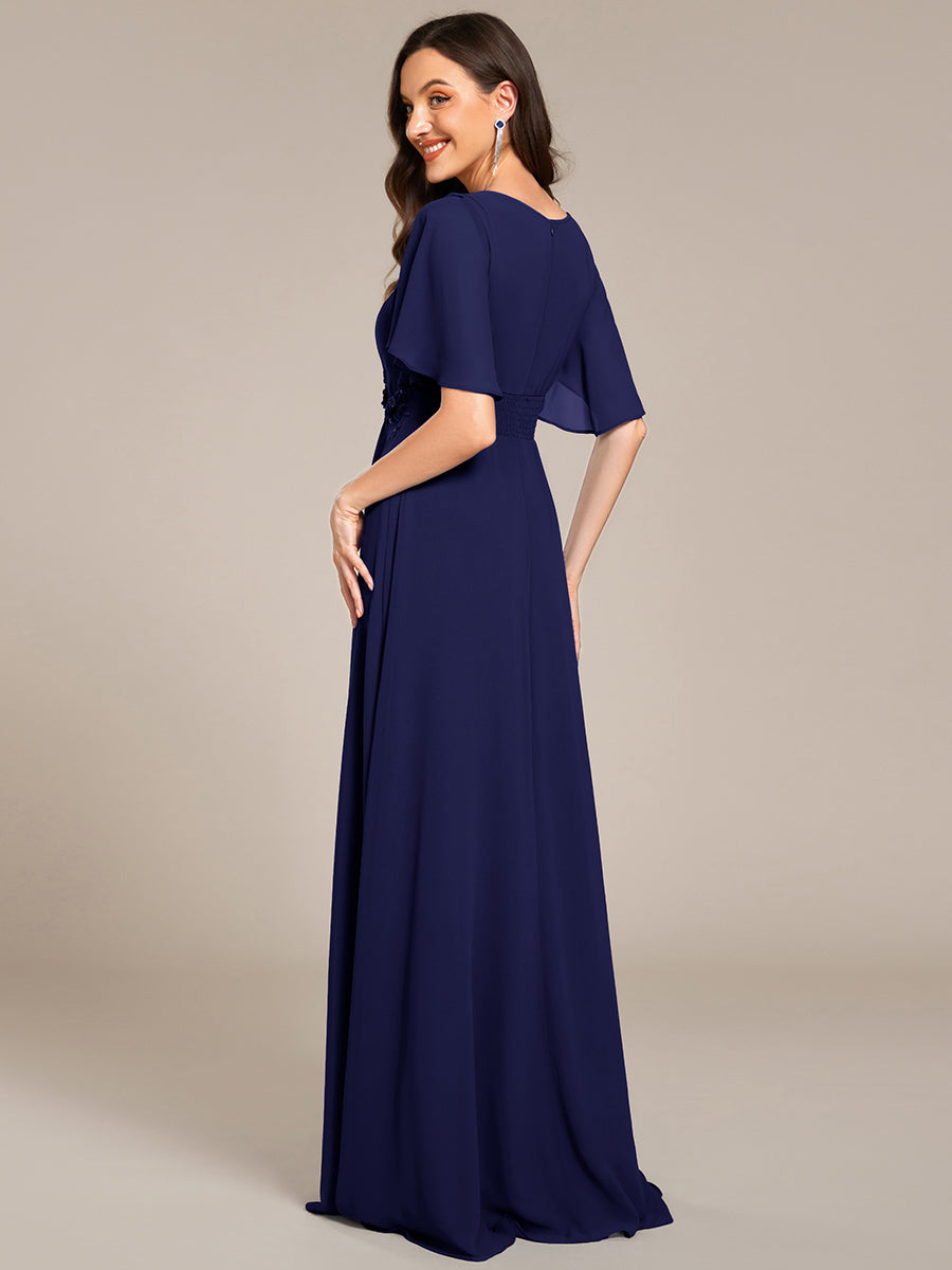 Bodenlanger A-Linien Chiffonkleid Mit Raffung Blumenmuster Und Applikationen #Farbe_Marineblau