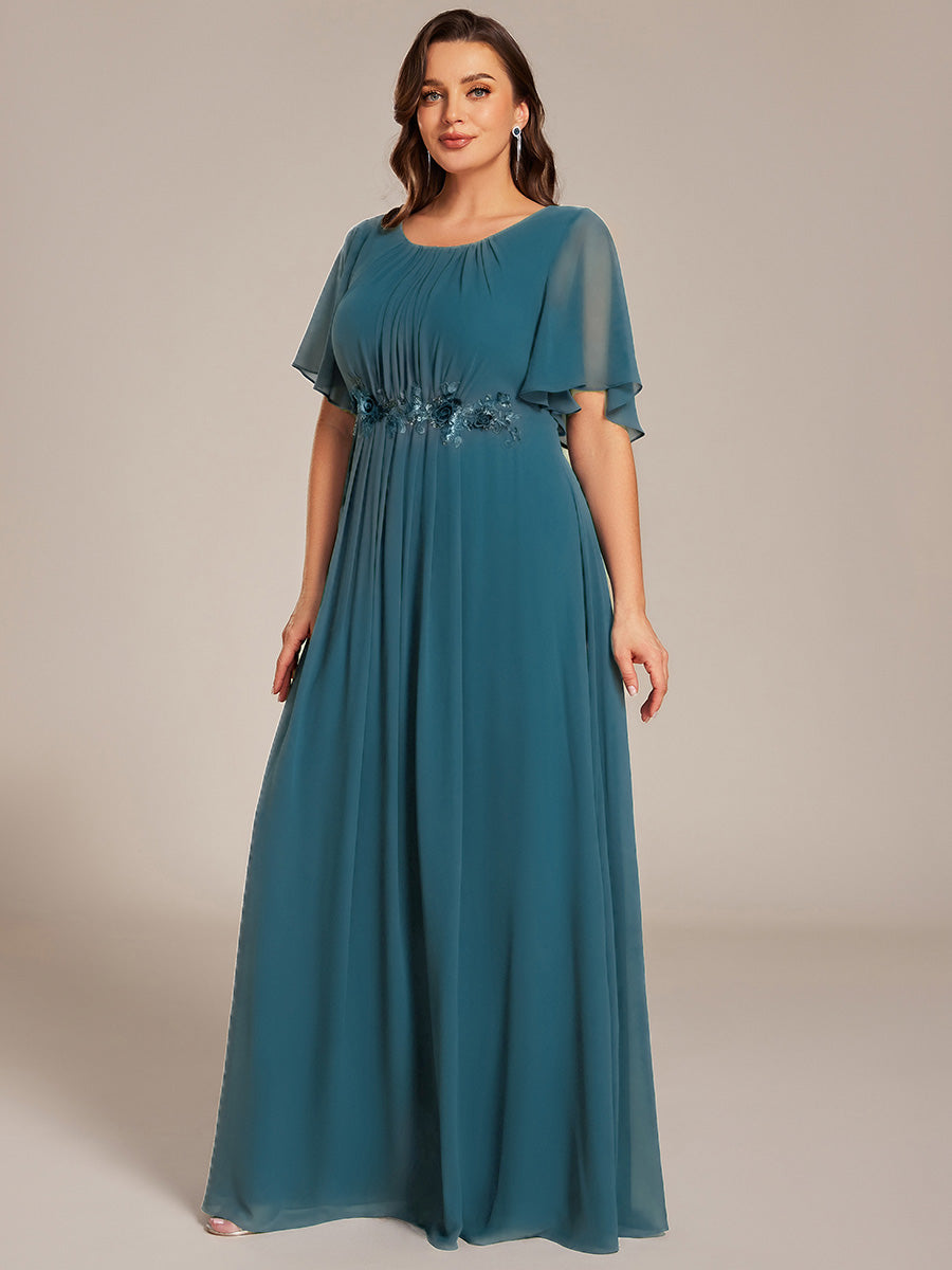 Bodenlanger A-Linien Chiffonkleid Mit Raffung Blumenmuster Und Applikationen #Farbe_Petrol