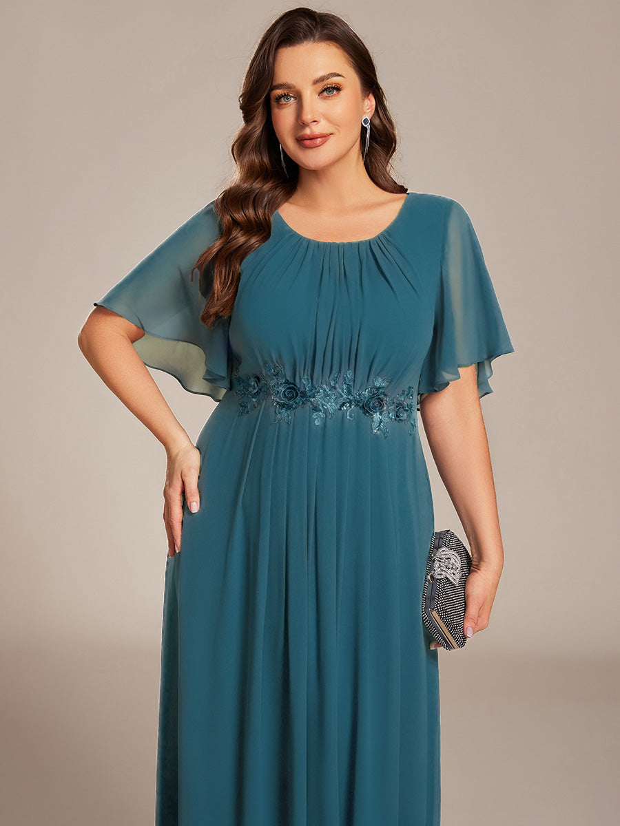 Bodenlanger A-Linien Chiffonkleid Mit Raffung Blumenmuster Und Applikationen #Farbe_Petrol