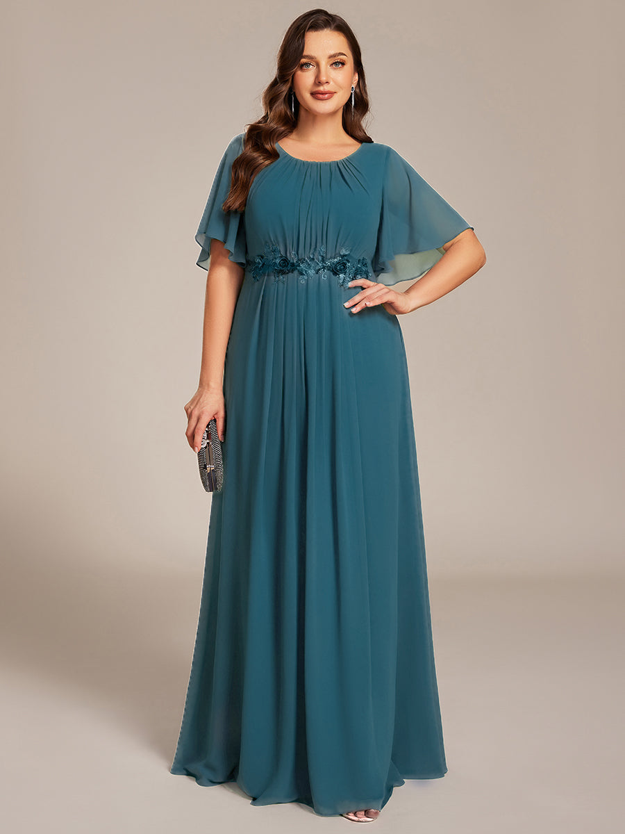 Bodenlanger A-Linien Chiffonkleid Mit Raffung Blumenmuster Und Applikationen #Farbe_Petrol
