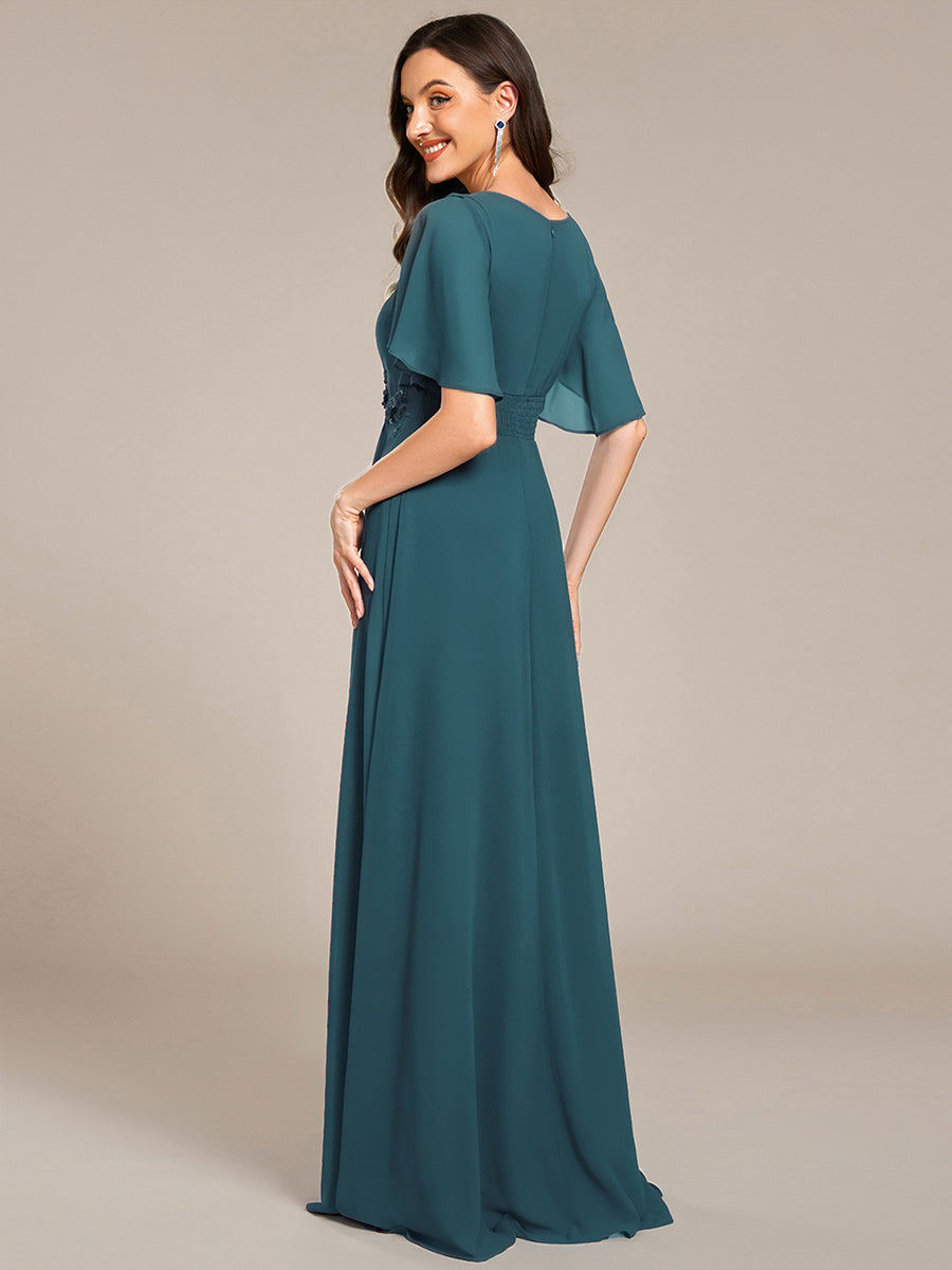 Bodenlanger A-Linien Chiffonkleid Mit Raffung Blumenmuster Und Applikationen #Farbe_Petrol