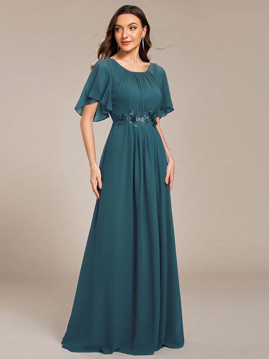 Bodenlanger A-Linien Chiffonkleid Mit Raffung Blumenmuster Und Applikationen #Farbe_Petrol